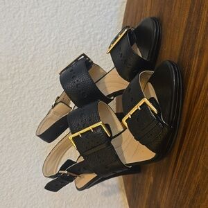 Clarks Womens Dalia Erica Black leather Gold  Buckle Strap heels EDGY New! S.6.5